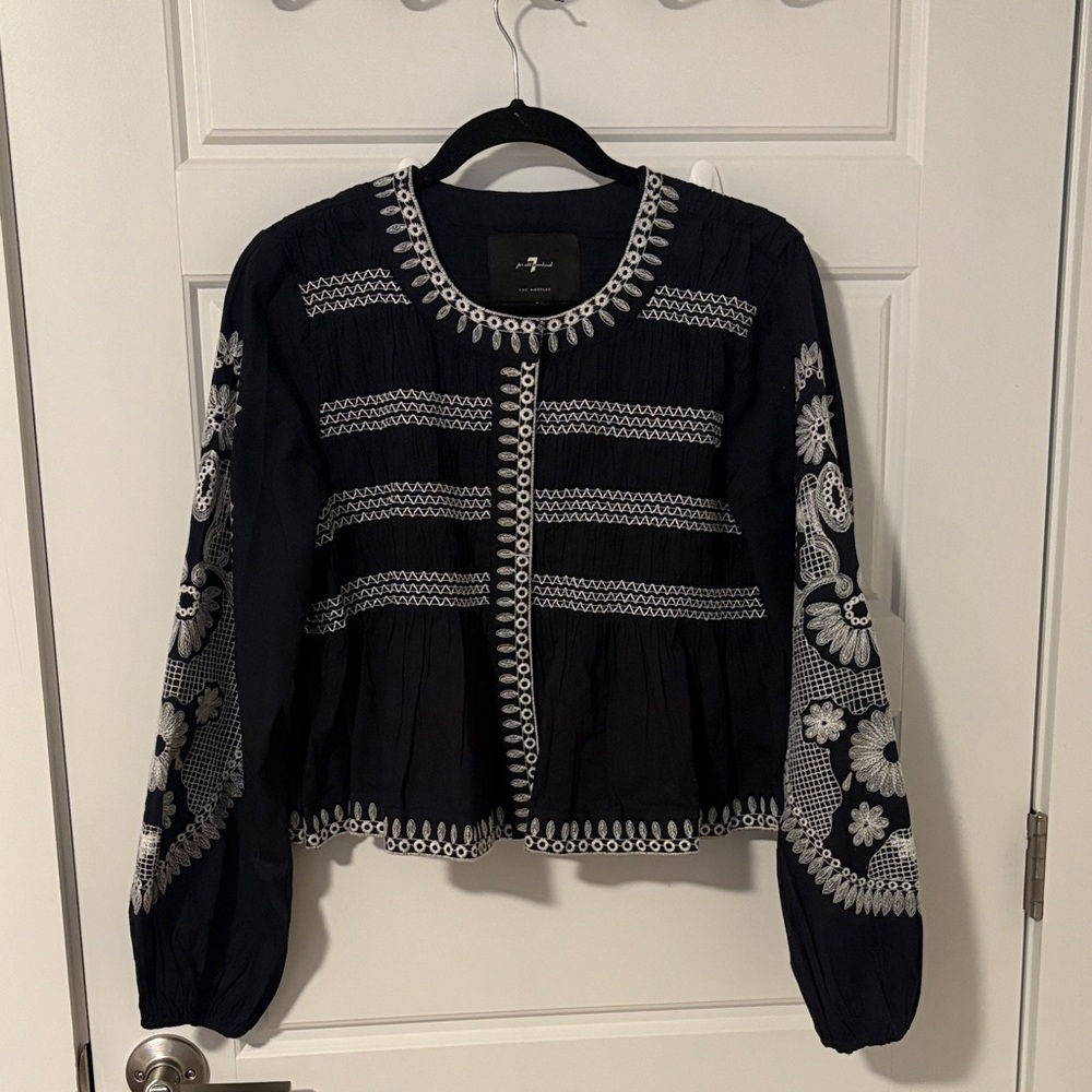 7 For All Mankind Navy and White Embroidered Top